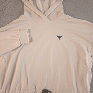 Under Armour Hoodie Womens XL Beige Project Rock French Terry Bull Logo Pullover